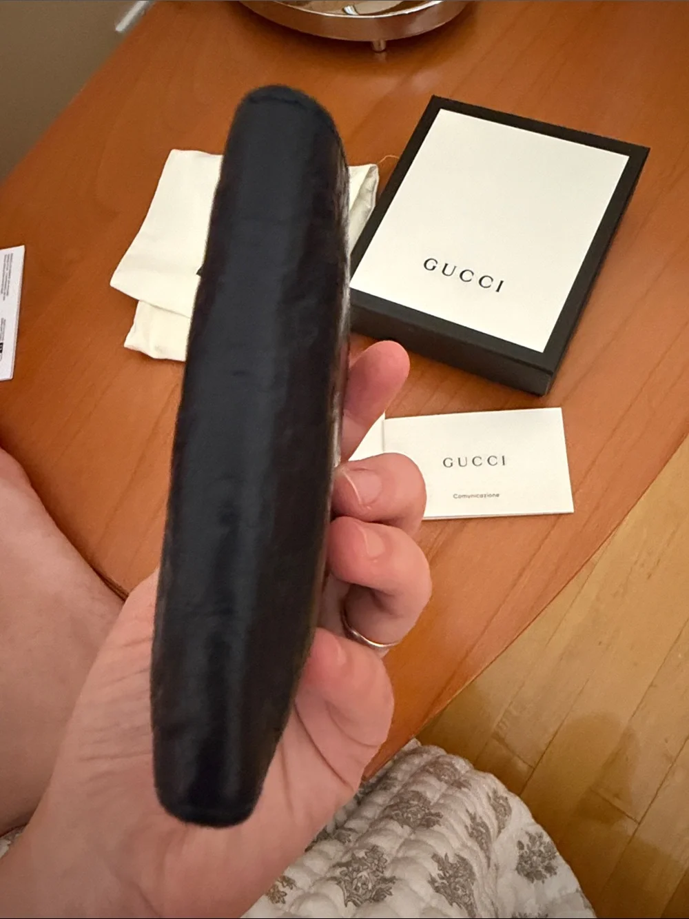 Gucci DARK BLUE Embossed Leather Bi-Fold Wallet with Logo Pattern